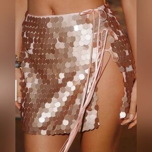 Anthropologie Flat White Pink Sequin Mini Wrap Skirt Cover Up
